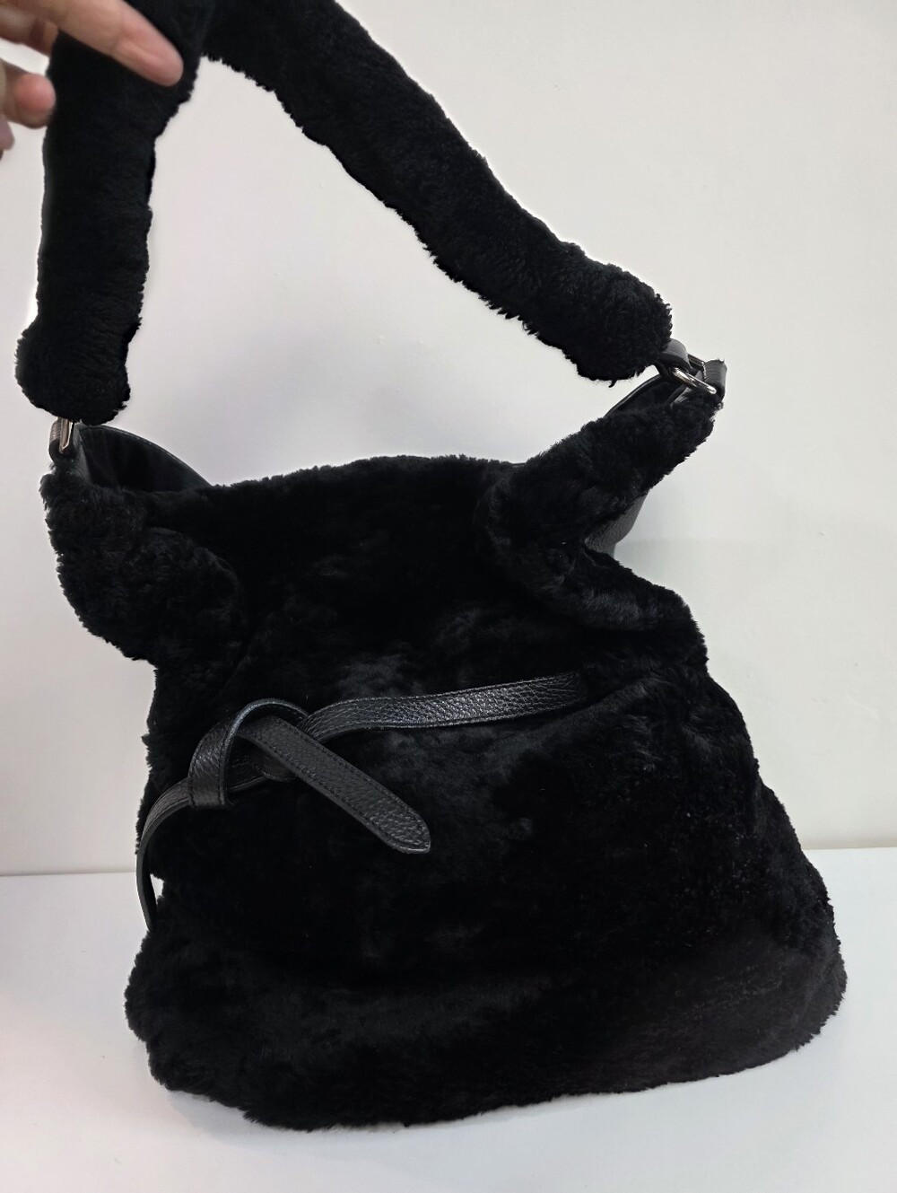 Dimoni Genuine Fur And Leather Shoulder Bag, Black